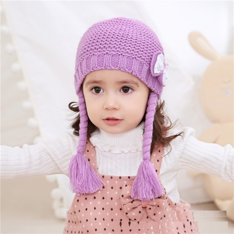 Winter Girls Children Crochet Braid Wig Cap Knitting Baby Hat And Cap With Bow