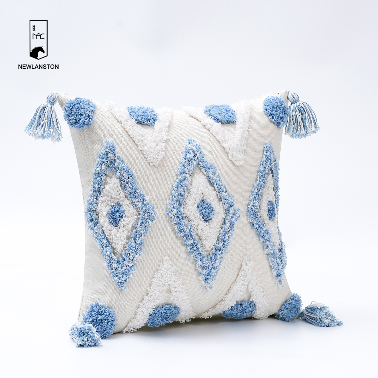 45x45 Sky Blue Moroccan Tassel Tufted Geometry Cushion Cover Boho Embroidery Wave Point Decorative Throw Case Home Sofa Decor