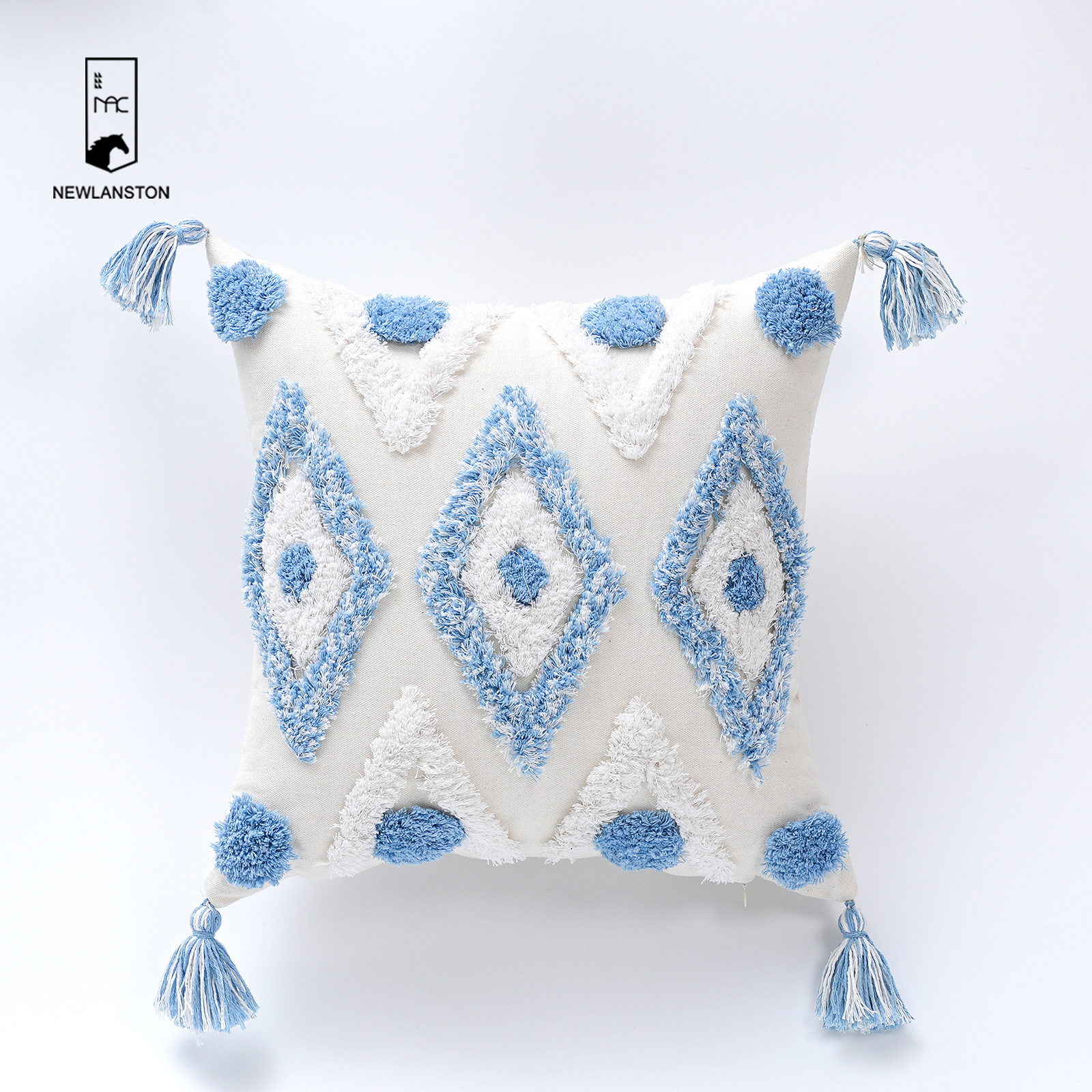 45x45 Sky Blue Moroccan Tassel Tufted Geometry Cushion Cover Boho Embroidery Wave Point Decorative Throw Case Home Sofa Decor