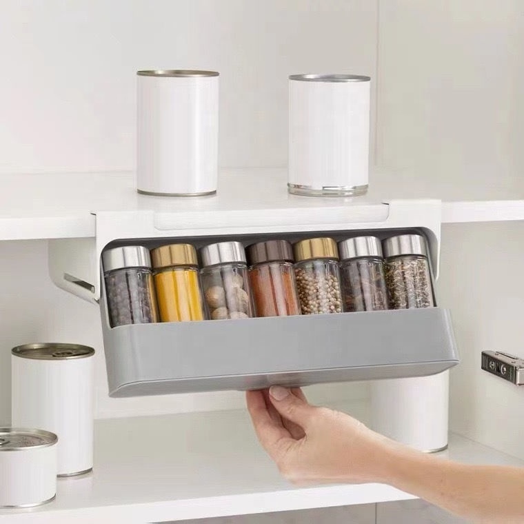 Foldable Kitchen Spice Organizer, Under Cabinet Hanging Sliding Seasoning Box Bottle Holder Shelf