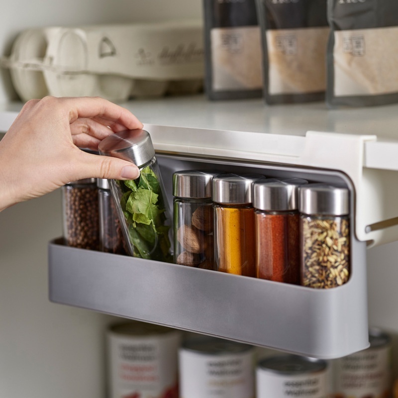 Foldable Kitchen Spice Organizer, Under Cabinet Hanging Sliding Seasoning Box Bottle Holder Shelf