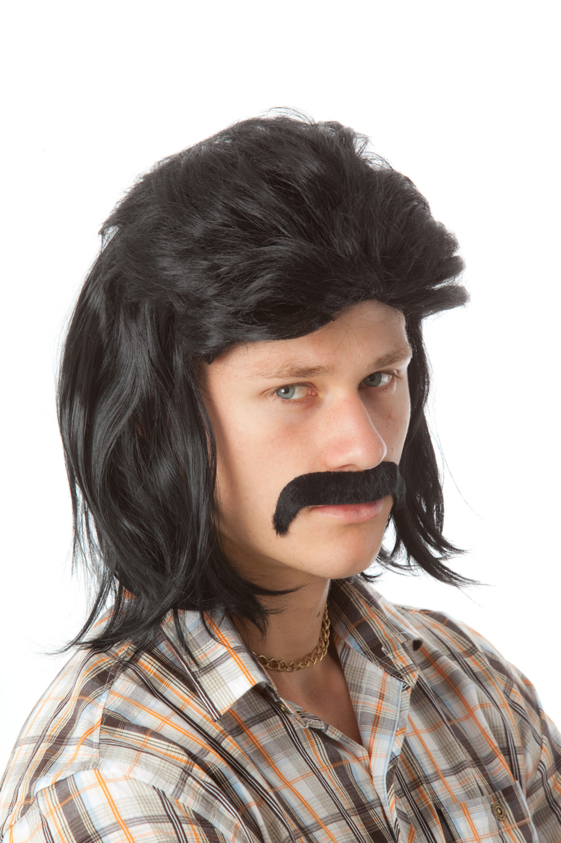 80s Mullet & Mo Set - Mens Black Mullet Wig & Moustache