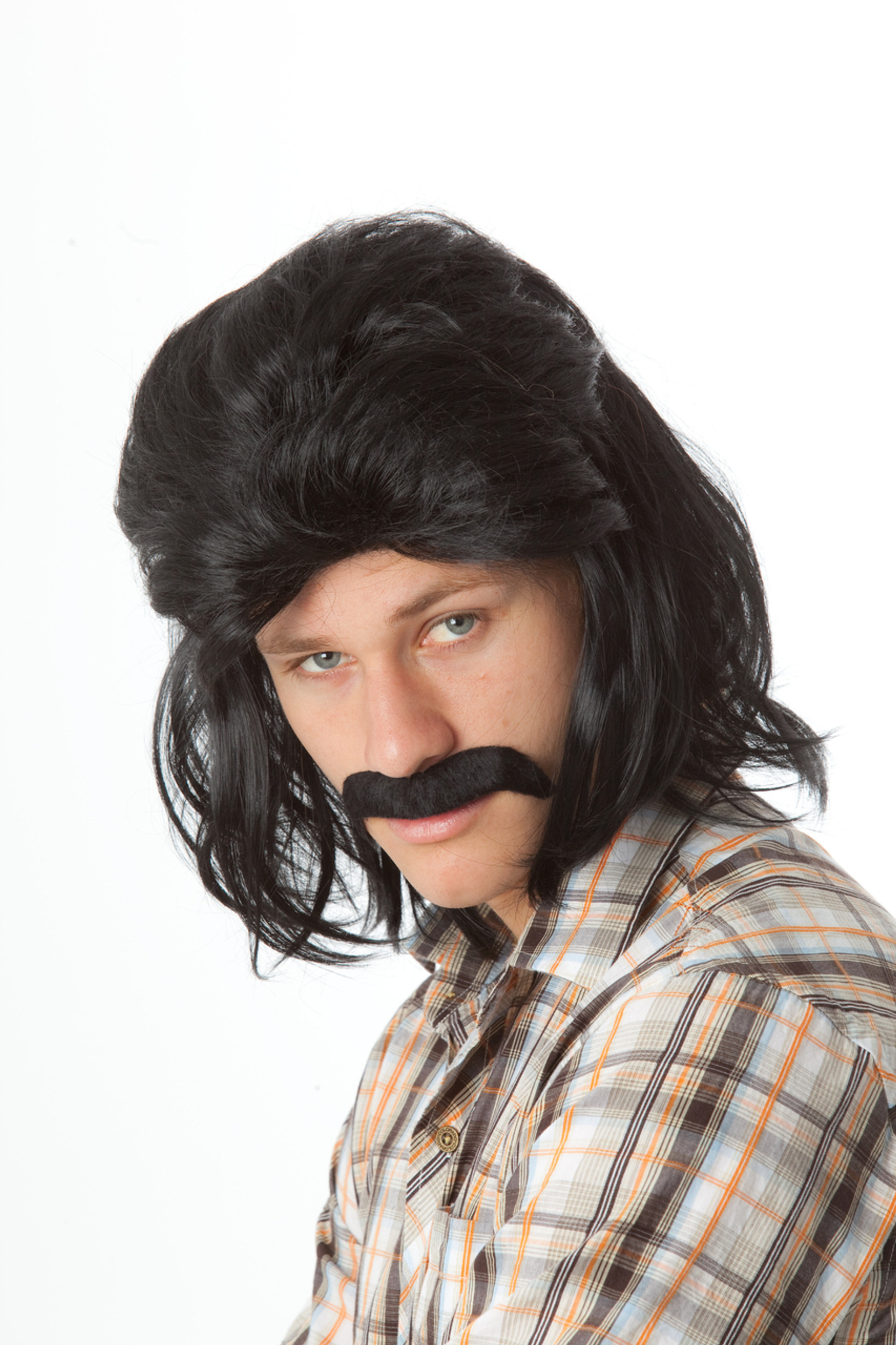 80s Mullet & Mo Set - Mens Black Mullet Wig & Moustache