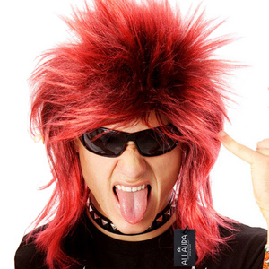 HIGH QUALITY CLASSIC 1980's SPIKEY MULLET PUNK ROCKER RED/BLACK COSTUME WIG