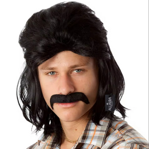 80s Mullet & Mo Set - Mens Black Mullet Wig & Moustache - By Allaura