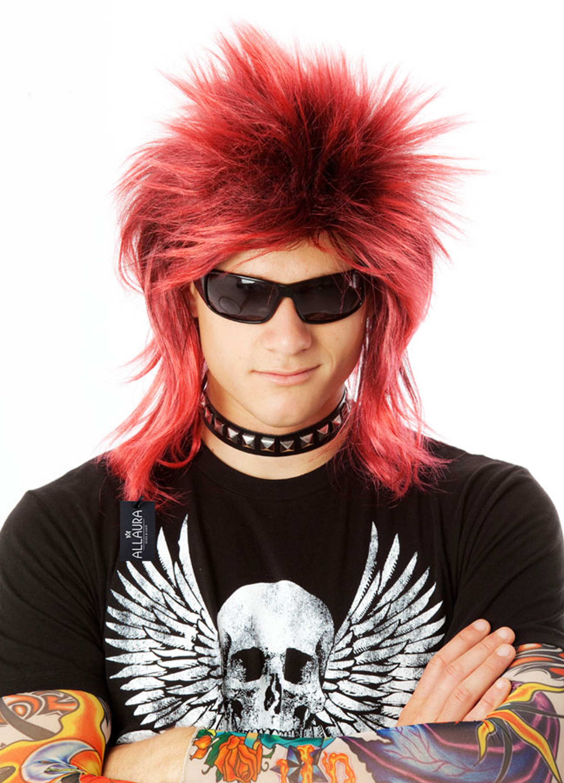 HIGH QUALITY CLASSIC 1980's SPIKEY MULLET PUNK ROCKER RED/BLACK COSTUME WIG