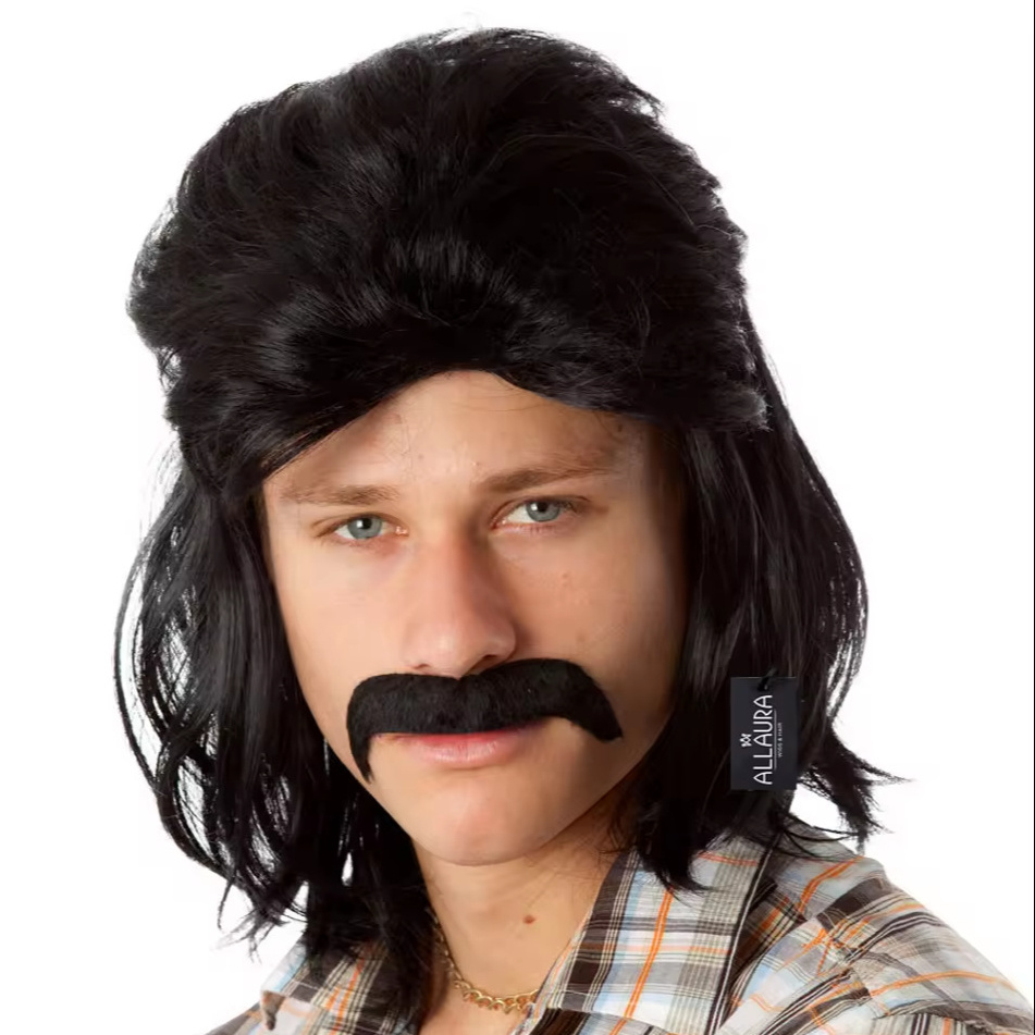 80s Mullet & Mo Set - Mens Black Mullet Wig & Moustache