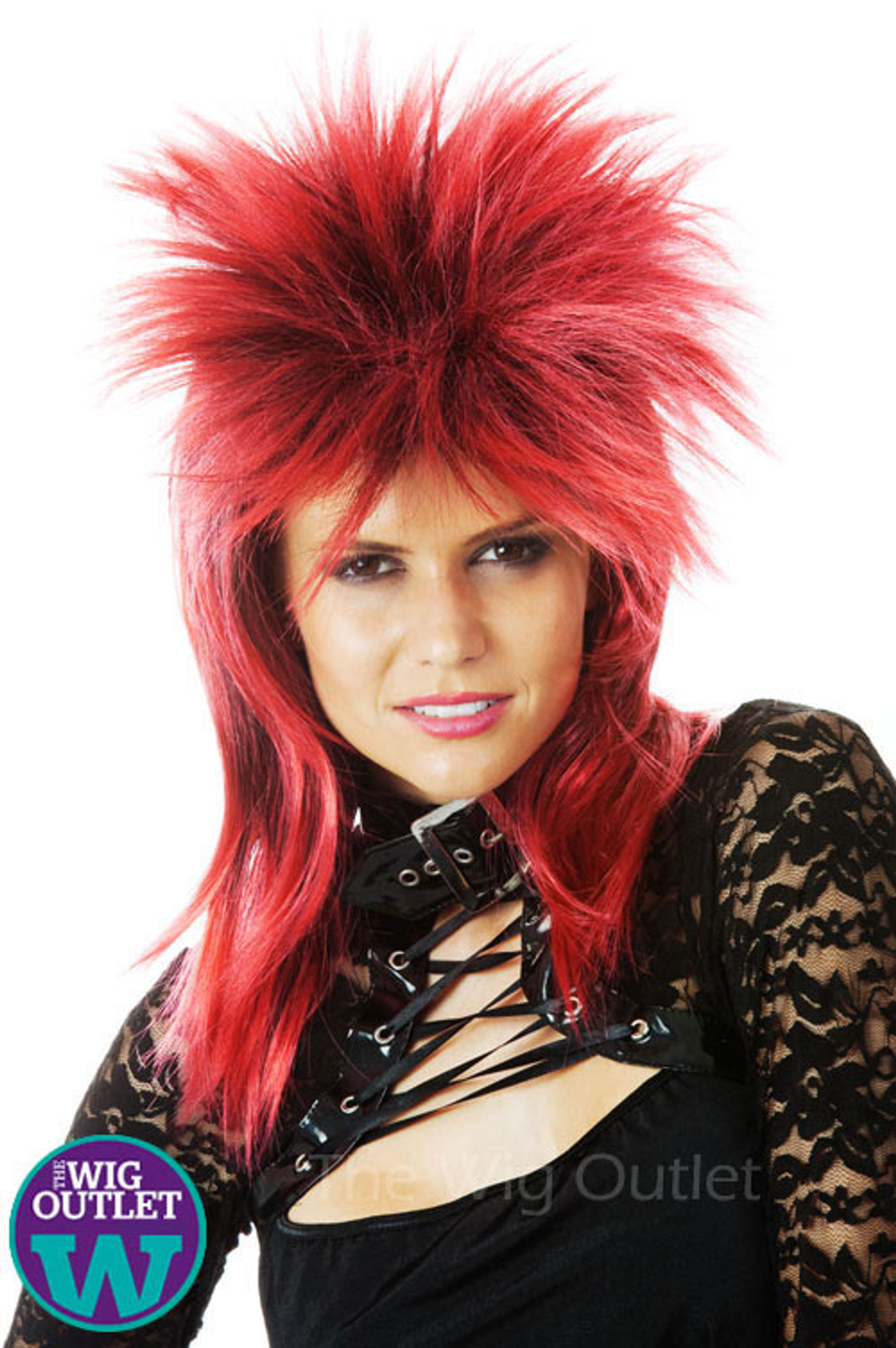 HIGH QUALITY CLASSIC 1980's SPIKEY MULLET PUNK ROCKER RED/BLACK COSTUME WIG