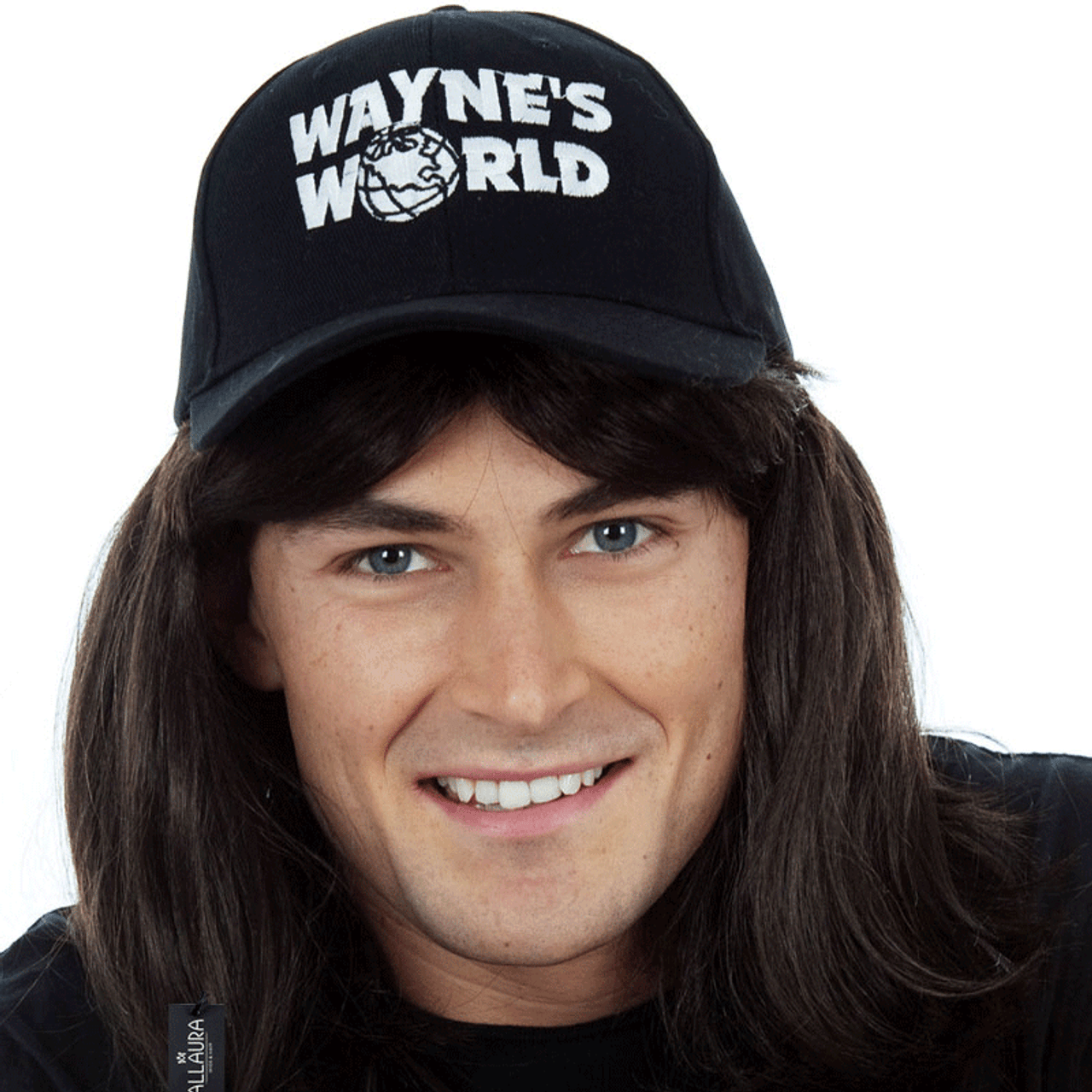 Party On! Wayne Mens Black Mullet Wig & Black Cap Costume Set (Waynes World) - By Allaura