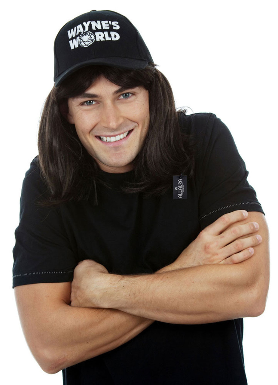 Party On! Wayne Mens Black Mullet Wig & Black Cap Costume Set (Waynes World) - By Allaura