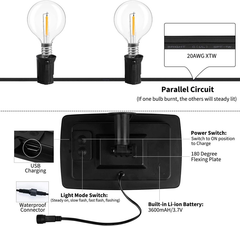 Solar String Lights G40 LED Bulbs Outdoor Waterproof Patio Decorative Lights 4 Mode for Indoor Balcony Backyard Porch Holiday