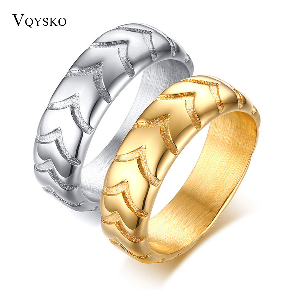 New Products Stainless Steel 18K Gold Plated Wedding Bands Tire Tread Finger Rings