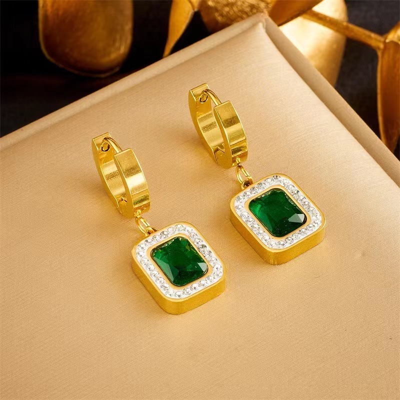 Quality Real 18k Gold Plated Snake Chain Green Emerald Bracelet Zirconia Earrings Necklace Stainless Steel jewelry Set