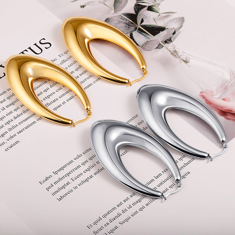 Luxury Geometric Unique Earrings Western Oval Smooth Hollow Earrings V-shaped Triangle Stainless Steel Polished Gold Earrings