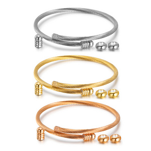 Elastic Cable Wire Bangle Stainless Steel Bracelet Screw with Removable End Plug Twisted Cuff Charm Beads fit DIY Jewelry