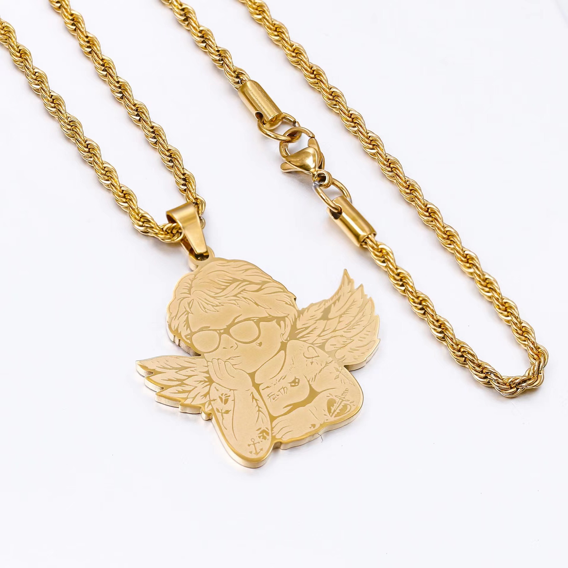 Zhongzhe Jewelry Custom  Guardian Angel hip hop trend pendant DIY logo Stainless steel necklace