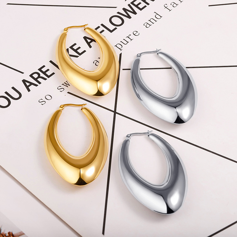 Luxury Geometric Unique Earrings Western Oval Smooth Hollow Earrings V-shaped Triangle Stainless Steel Polished Gold Earrings