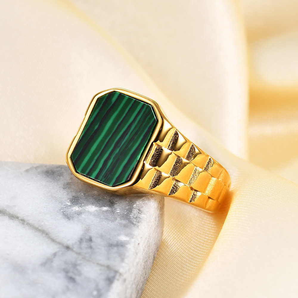 Irregular emerald cut ring square mother-of-pearl stainless steel ring retro stainless steel high quality military ring