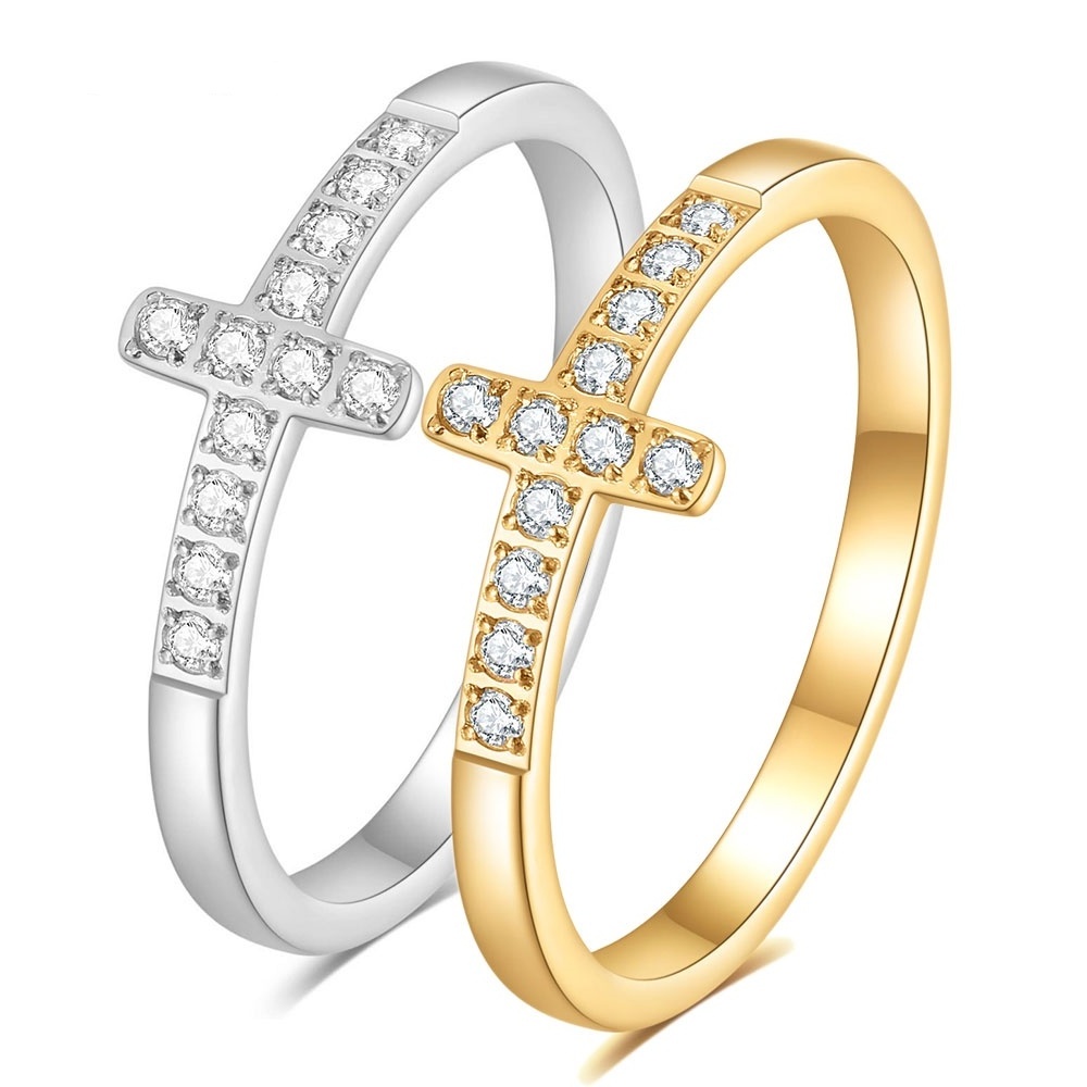 Fashion 316L Stainless steel Channel CZ Zircon Cross Ring With Bright Elegant Crystal Engagement Rings for Women Girls Jewelry