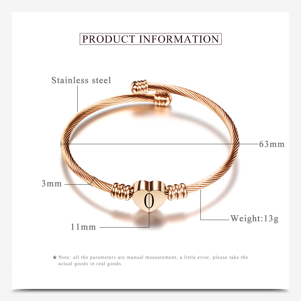 Rose gold Color Stainless Steel Heart Bracelet Bangle Customize Letter Fashion Initial Alphabet Charms Bracelets For Women