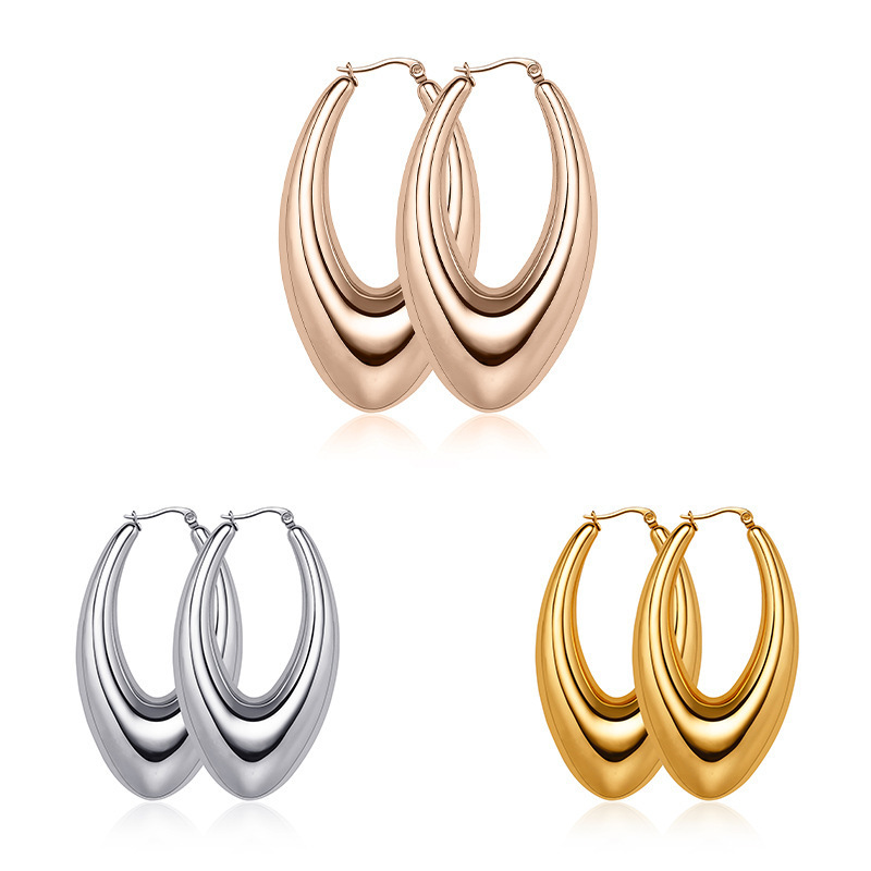 Luxury Geometric Unique Earrings Western Oval Smooth Hollow Earrings V-shaped Triangle Stainless Steel Polished Gold Earrings