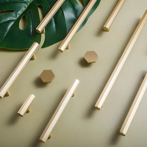 Gold Solid Brass Hexagon Knob T Bar Cabinet Pull for Kitchen Room Longer Dresser Handle Furniture Hardware