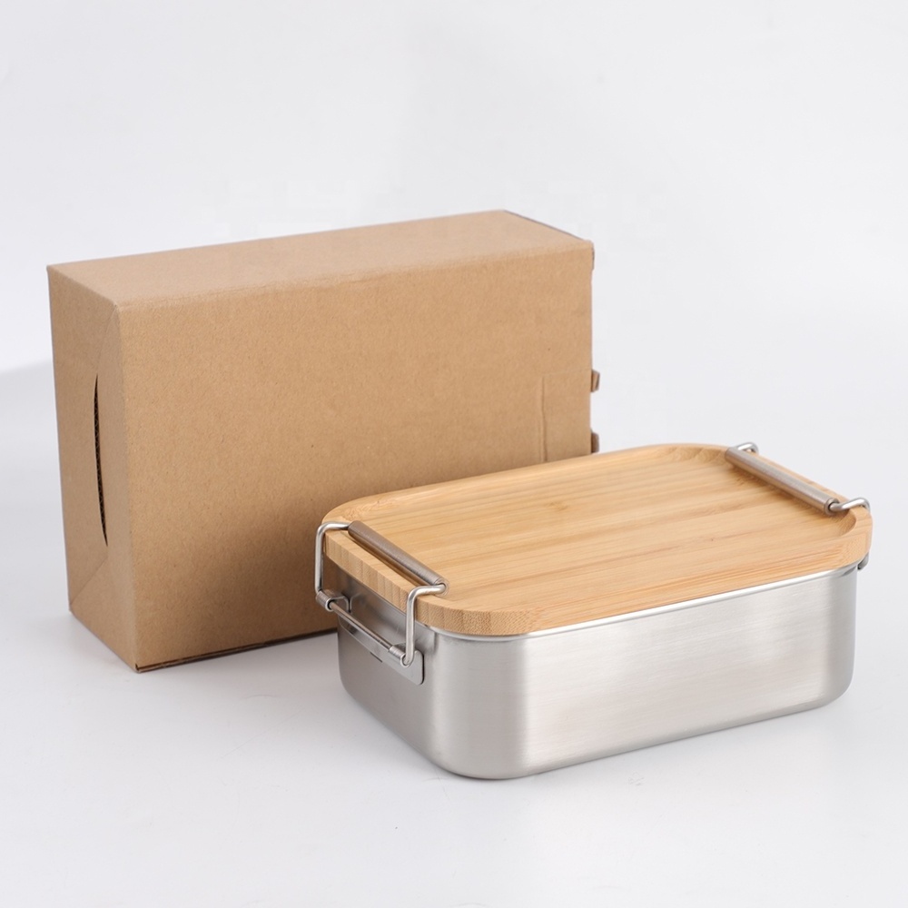 Eco Friendly 18/8 Stainless Steel Bamboo Lid Bento Lunch Box with 2 Buckles 304 Lunch Box Steel with Bamboo Lid