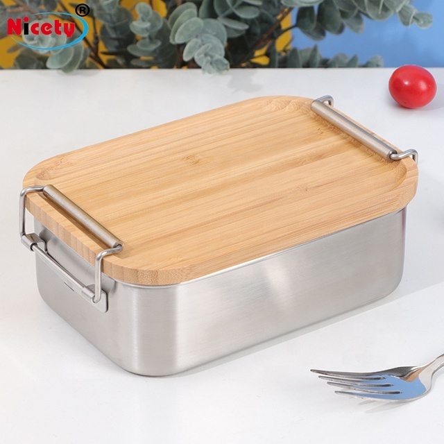 Eco Friendly 18/8 Stainless Steel Bamboo Lid Bento Lunch Box with 2 Buckles 304 Lunch Box Steel with Bamboo Lid