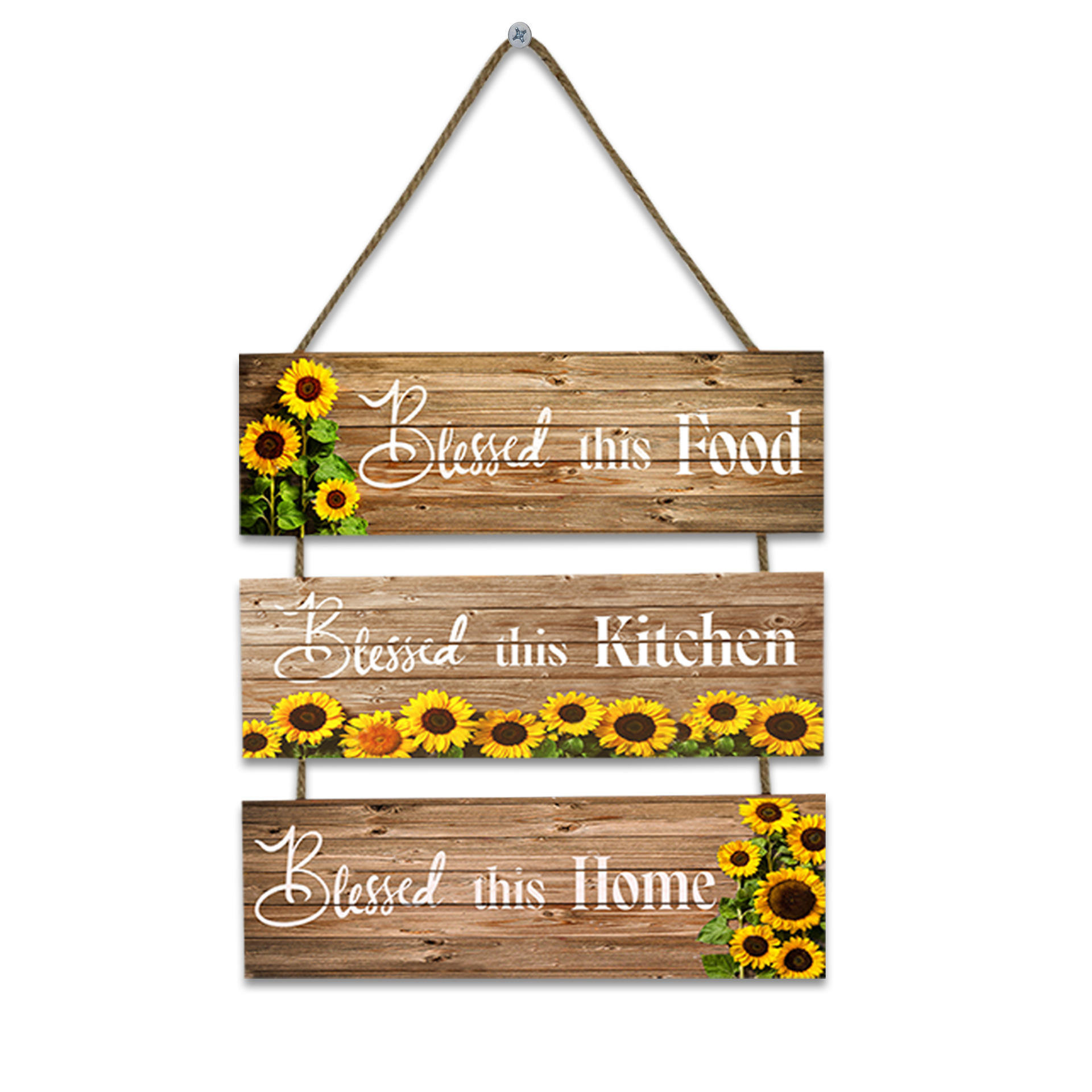 Bless Hanging Wall Sign Wooden Family Food Sunflower Sign Decor Hanging Wood Wall Decoration for Kitchen