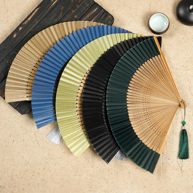 High Quality Plain Color Chinese Hand Fan Fabric Silk Bamboo Folding Hand Fan