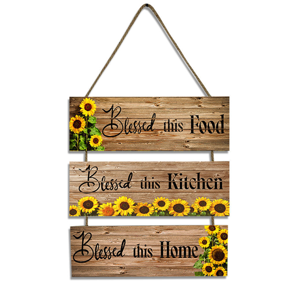 Bless Hanging Wall Sign Wooden Family Food Sunflower Sign Decor Hanging Wood Wall Decoration for Kitchen