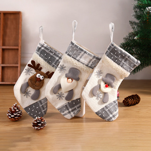 2023 Christmas Plush Plaid Santa Snowman Reindeer Patterns Grey Christmas Stocking Christmas Tree Hanging Gifts In Bulk