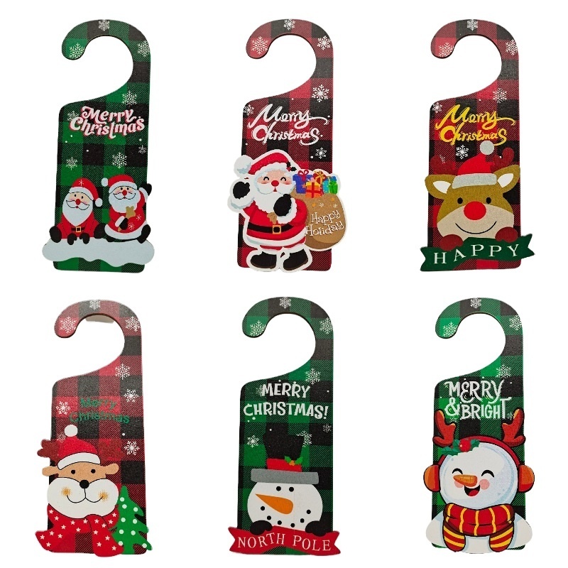 Wooden Door Decoration Hanging on Doorknob Christmas Doorplate with Santa Claus Snowman Christmas Tree Pattern