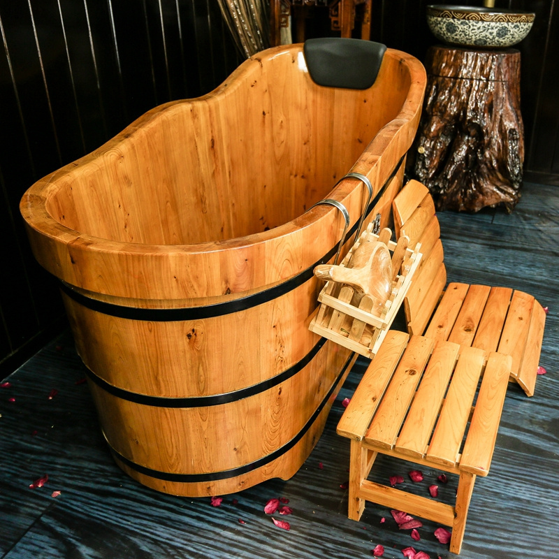 Freestanding wooden barrel bath shower hot tub cedar wood bathtub