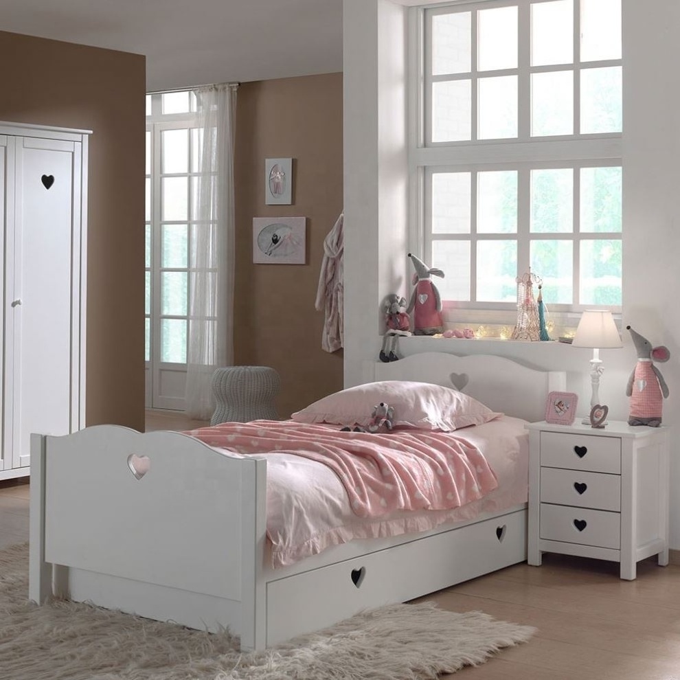 Matte White Kids Modern Girl Youth Bedrooms Furniture Wooden Children Girls Single Sleeping Floor Bed