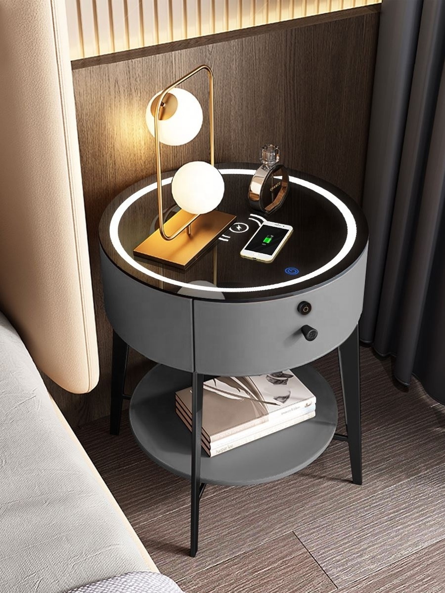 High Class Modern Storage Smart Bedside Table Metal Glass Round Set Table For Living Room Table High Quality Fingerprint Locker