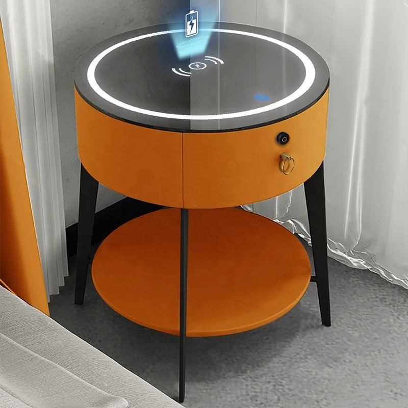 High Class Modern Storage Smart Bedside Table Metal Glass Round Set Table For Living Room Table High Quality Fingerprint Locker