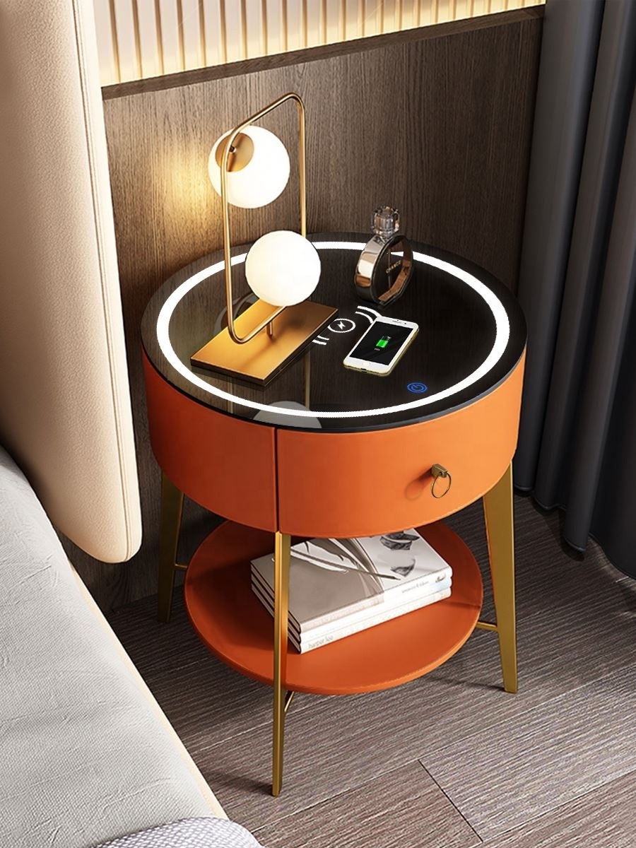 High Class Modern Storage Smart Bedside Table Metal Glass Round Set Table For Living Room Table High Quality Fingerprint Locker