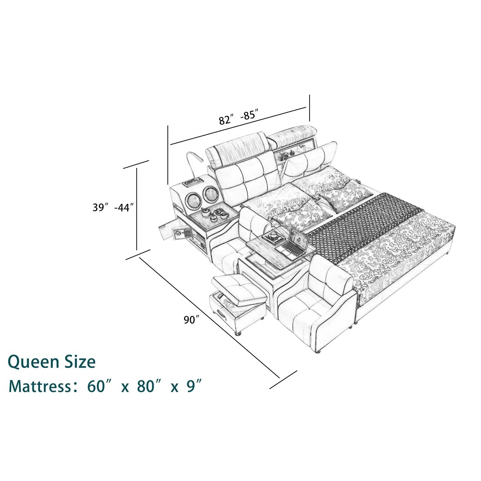 NOVA Luxury Modern King Size Multifunctional Bed Bedroom Furniture Leather Storage Massage Beds With Projector