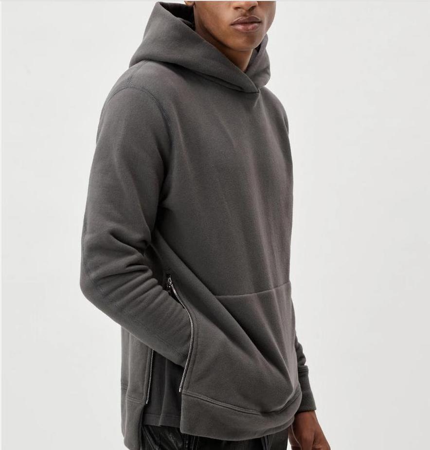 men's cotton french terry vertical side zippers and concealing a hidden kangaroo pocket slim fit hoodie