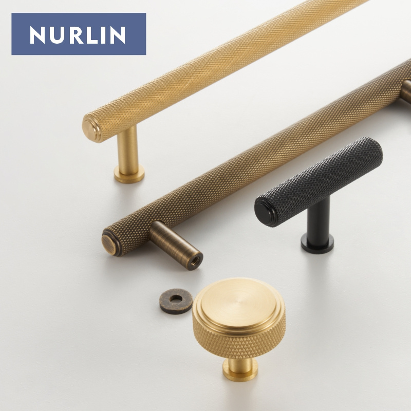 Nurlin Solid Brass Knurled  Diamond Cut Pattern New Cabinet Knobs Wardrobe Door Drawer T-bar Long Pull Free Base Matt Brass