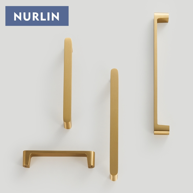 Nurlin Solid Brass Simple Style Handle Cabinet Drawer Wardrobe Door Gold Pull Feel Comfortable 96/128/160/192 Hole Spacing