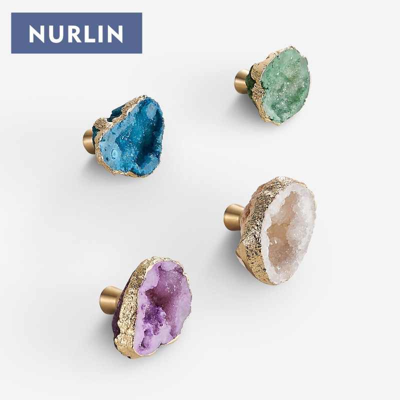 NURLIN Skeletal Crystal Wall Hook Quartz Gold-Plated Handles Natural Gemstone Cupboard Drawer Pulls Cabinet Brass Knobs