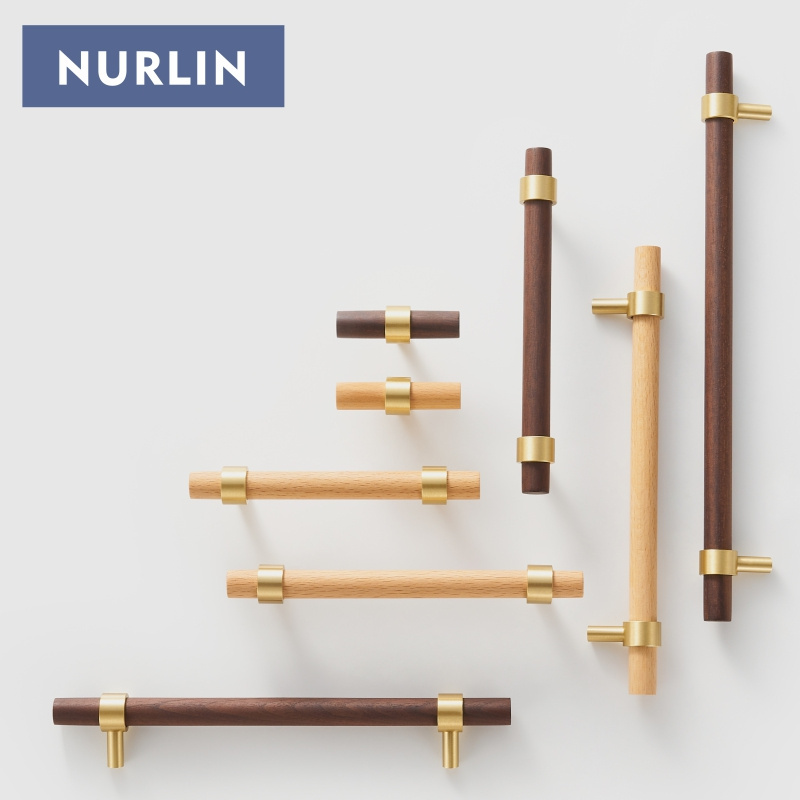 Nurlin Brass Natural Walnut Beech Wood Furniture Handle American Nordic Style Drawer Wardrobe Pull T Bar