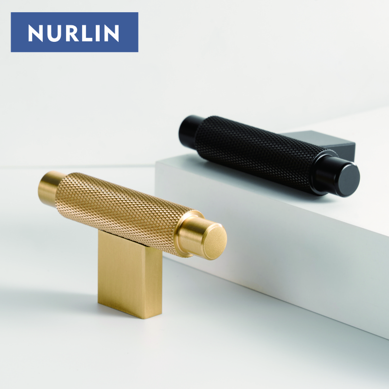 Nurlin New Solid Brass Knurling Brushed Cross Brass Cabinet Knob Cupboards T-bar Long Appliance Pull Furniture Refrigerator Bar