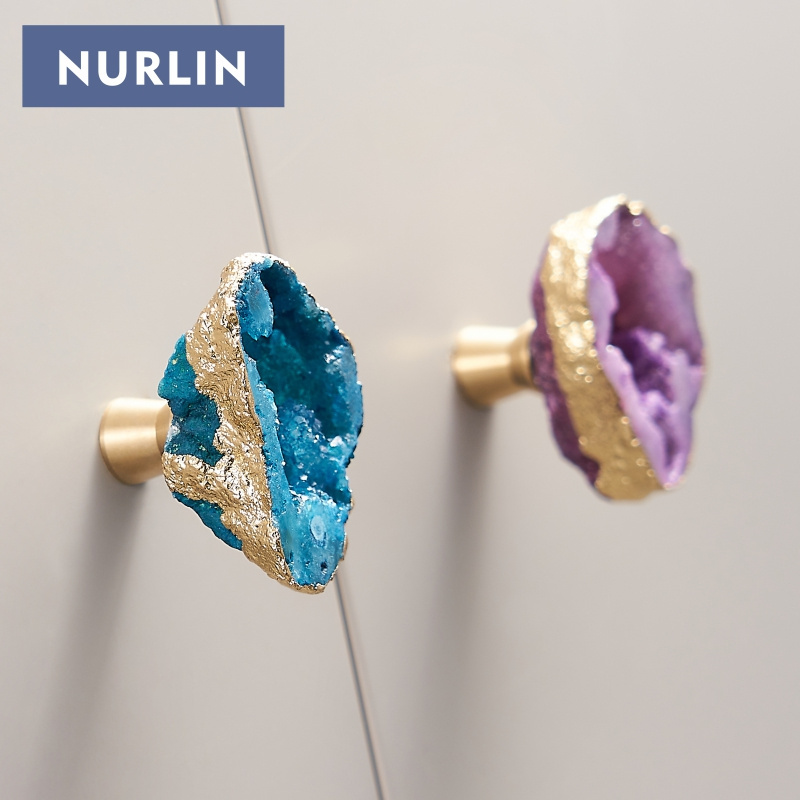 NURLIN Skeletal Crystal Wall Hook Quartz Gold-Plated Handles Natural Gemstone Cupboard Drawer Pulls Cabinet Brass Knobs