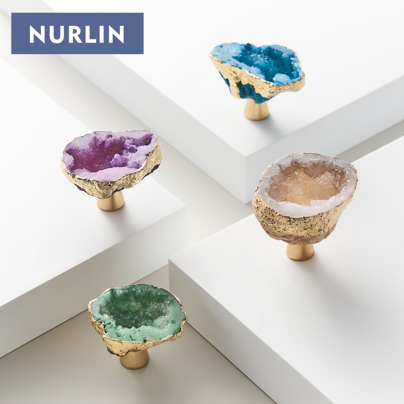 NURLIN Skeletal Crystal Wall Hook Quartz Gold-Plated Handles Natural Gemstone Cupboard Drawer Pulls Cabinet Brass Knobs