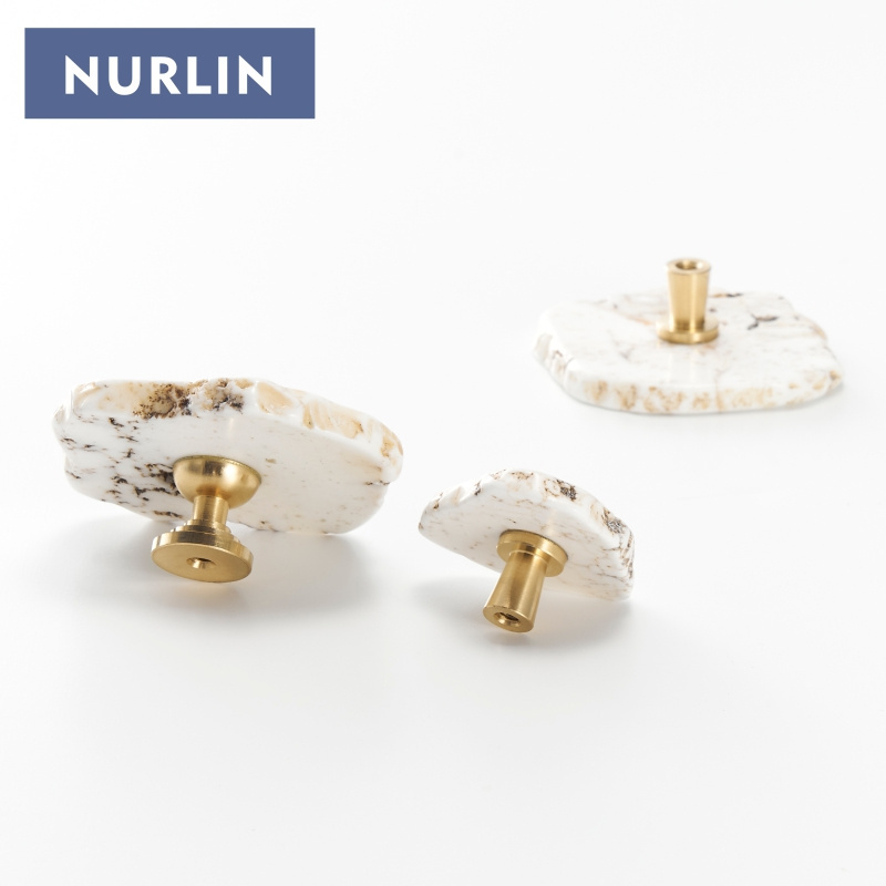 NURLIN Natural White turquoise Marble Brass Cabinet Drawer Door Handle knob Wall Clothes cap Hook