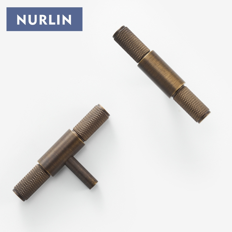 Nurlin Solid Brass Diamond-cut Cross Knurl Pattern Antique Brass Cabinet Handles Wardrobe Pull T-bar Knobs 500mm Long Available