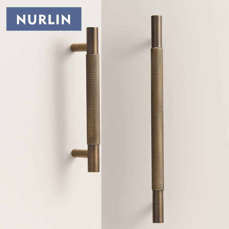 Nurlin Solid Brass Diamond-cut Cross Knurl Pattern Antique Brass Cabinet Handles Wardrobe Pull T-bar Knobs 500mm Long Available